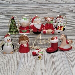 10 Ceramic Mini Christmas Tree Ornaments Mrs Clause Stocking Penguin‎ Moose READ